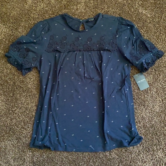 Lucky Brand Tops - NWT Lucky Brand Navy Blue & White Embroidered Top